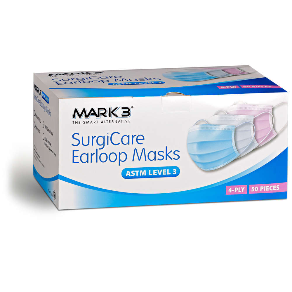 SurgiCare Blue Earloop Face Masks w/ Dual Band Strips Level 3 4ply 50/bx. - MARK3* product image