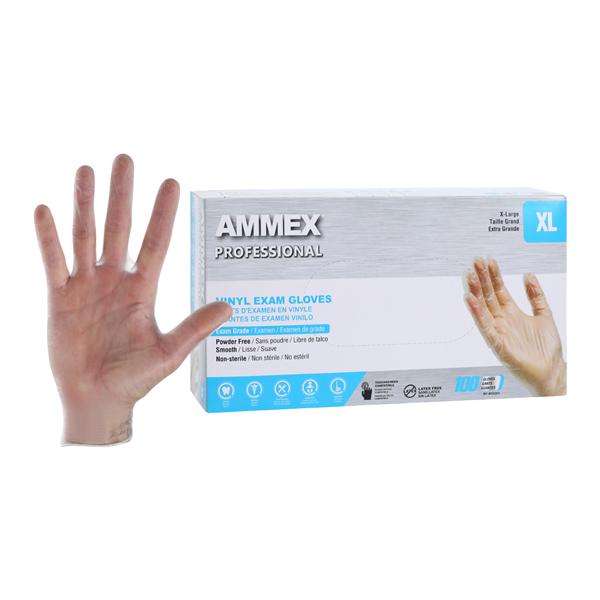 Ammex Vinyl Gloves X-Large Disposable Exam Grade Clear Powder Free Smooth Polymer Coated 100/bx 10bx/cs (US Sales Only) thumbnail 2