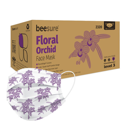 BeeSure Earloop Face Mask, ORCHID Printed Floral Design. 3-ply, 4-fold ear-loop thumbnail 13