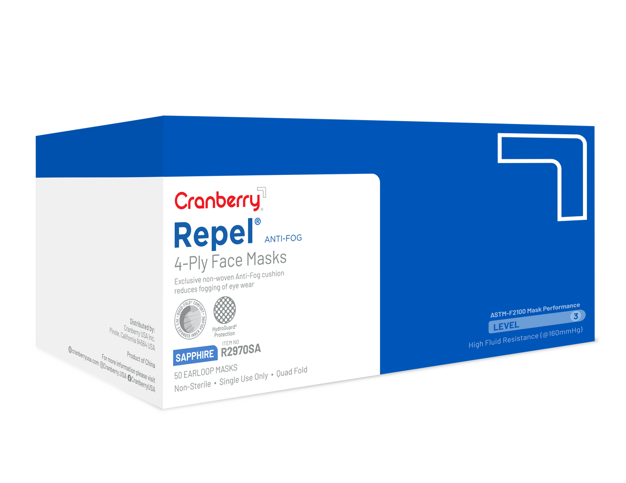 Repel 4-Ply Premium Anti-Fog Face Mask 50/Box Sapphire ASTM Level 3, R2970SA thumbnail 15