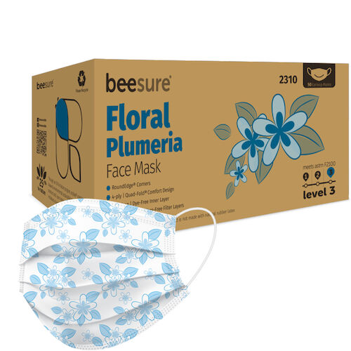 BeeSure Floral Procedure Face Mask ASTM Level 3 Plumeria Blue Box of 50 thumbnail 13